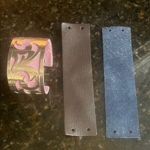 Pink, brown and blue interchangeable silver cuff bracelet with three options.